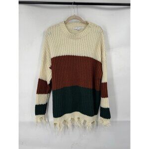 HYFVE Distressed Hem Sweater Women Large Ivory Green Burgundy Grunge Preppy Boho